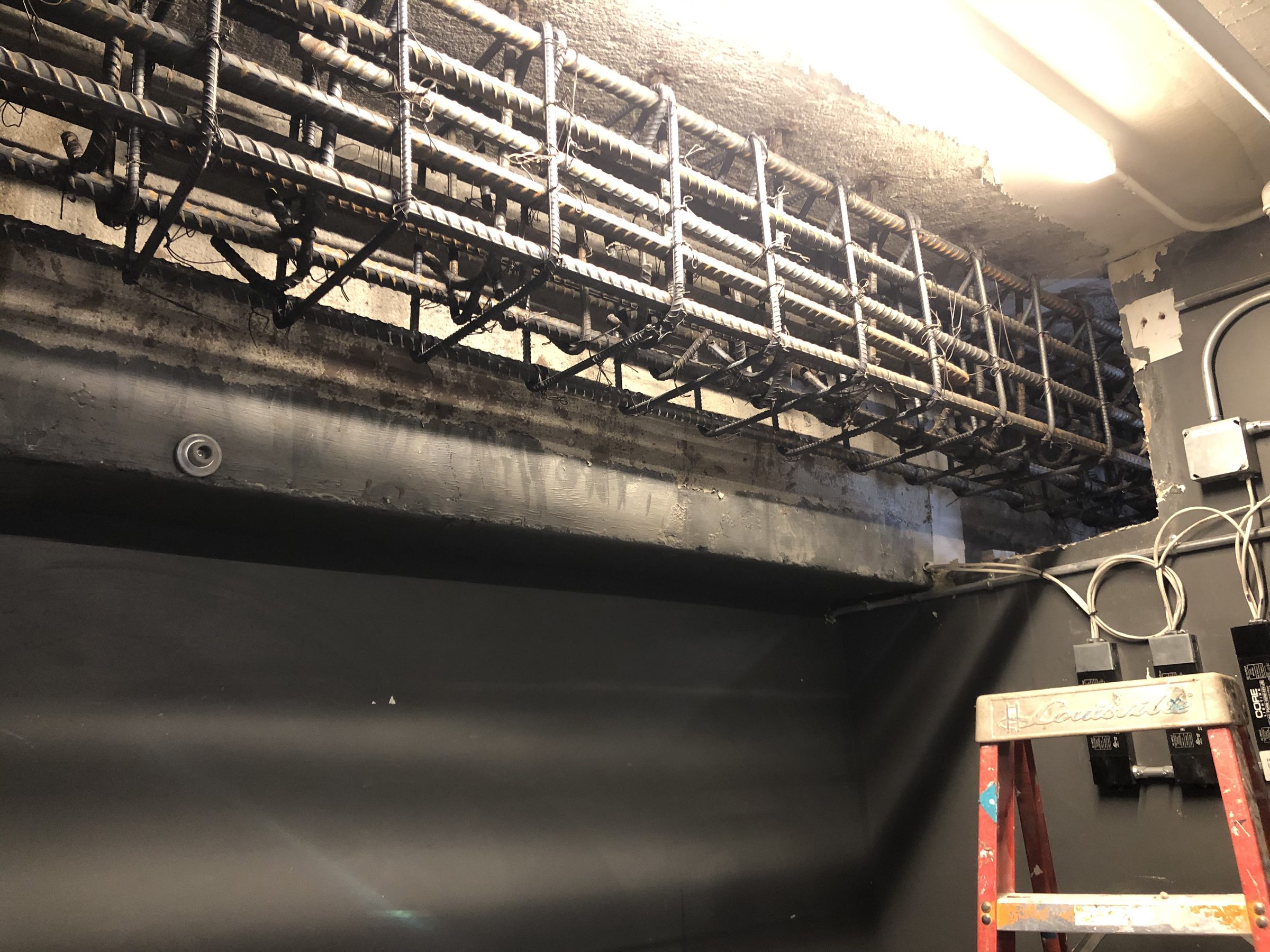 Rebar shear wall and beam reinforcement — ceiling view