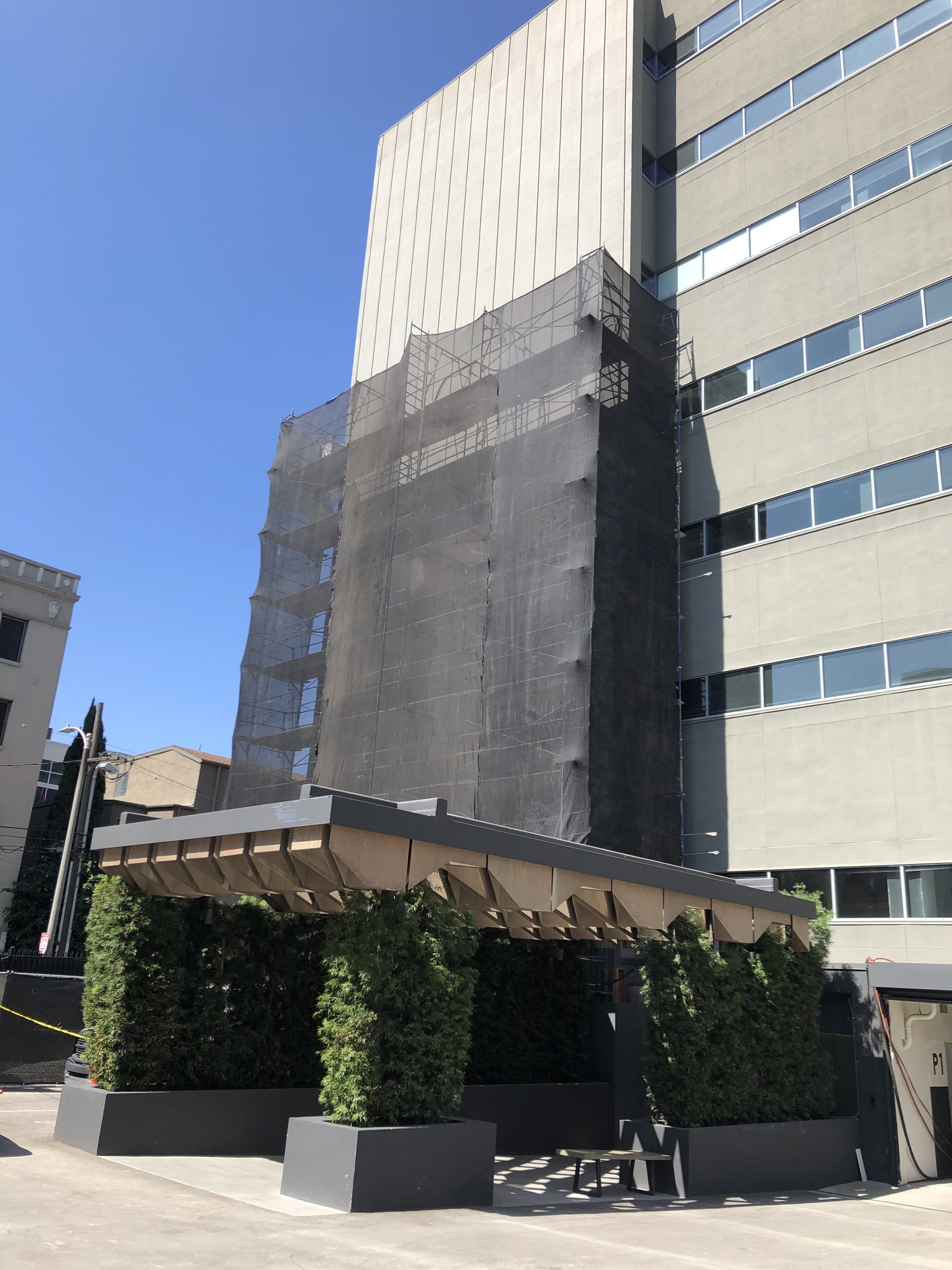 Scaffolding — canopy and exterior view from parking lot